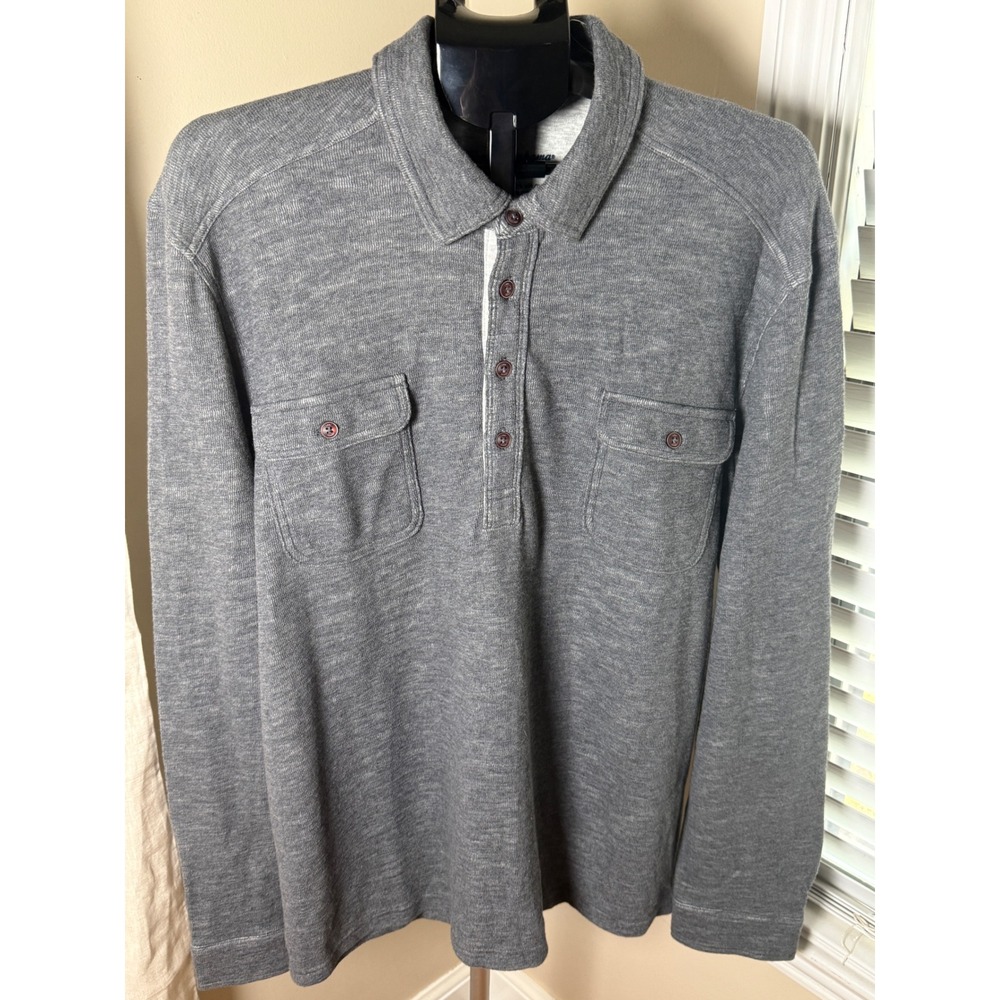 Tommy Bahama Mens XL Gray Long Sleeve Polo Shirt Textured Knit Button Pockets